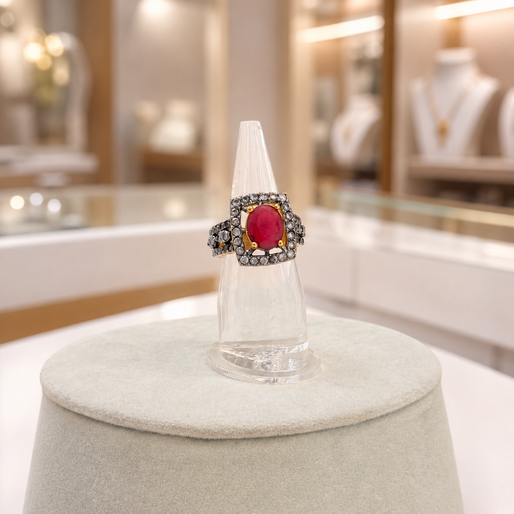 Gold-Tone Ruby Red Oval Ring with Crystal Halo