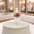 Gold-Tone Ruby Red Oval Ring with Crystal Halo
