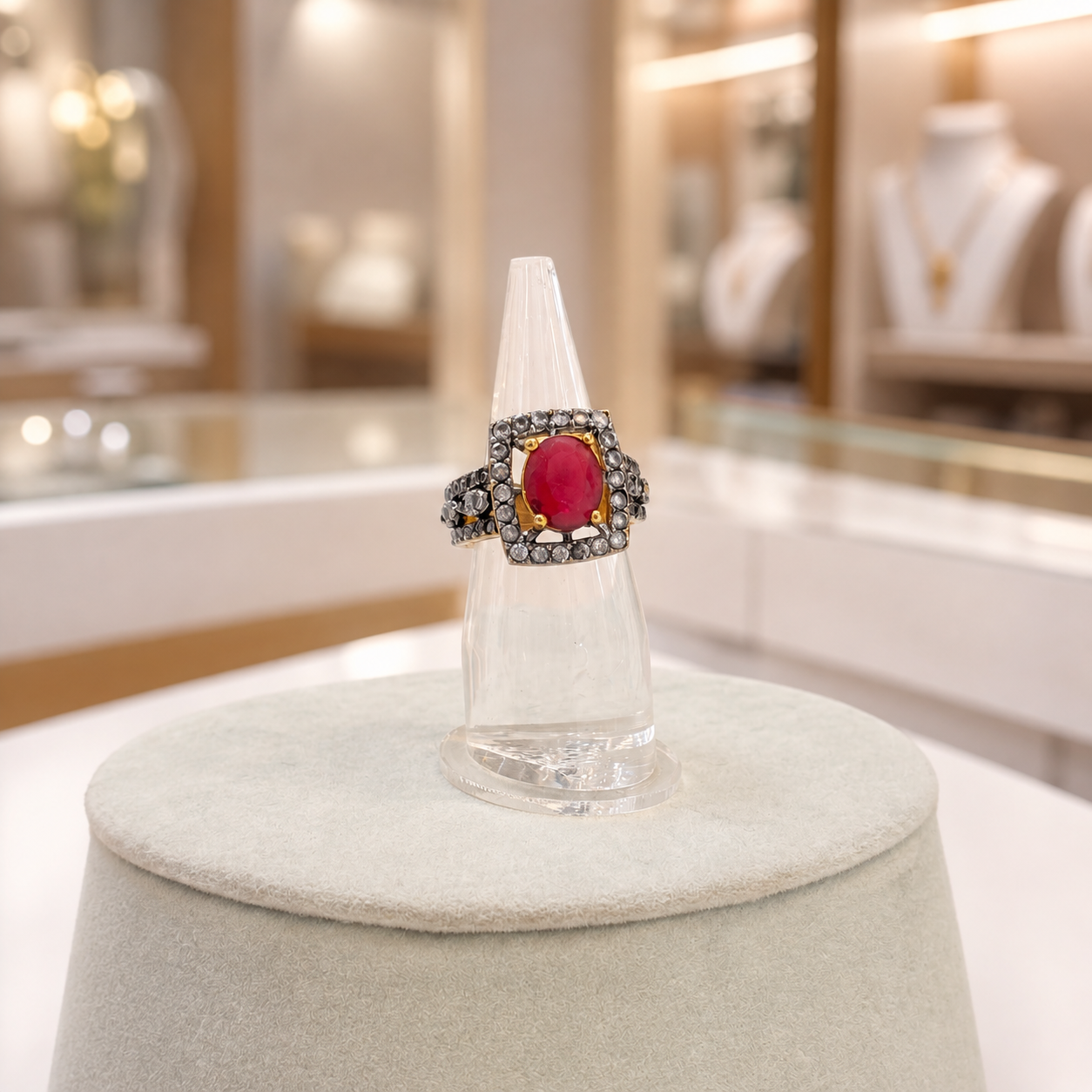 Gold-Tone Ruby Red Oval Ring with Crystal Halo