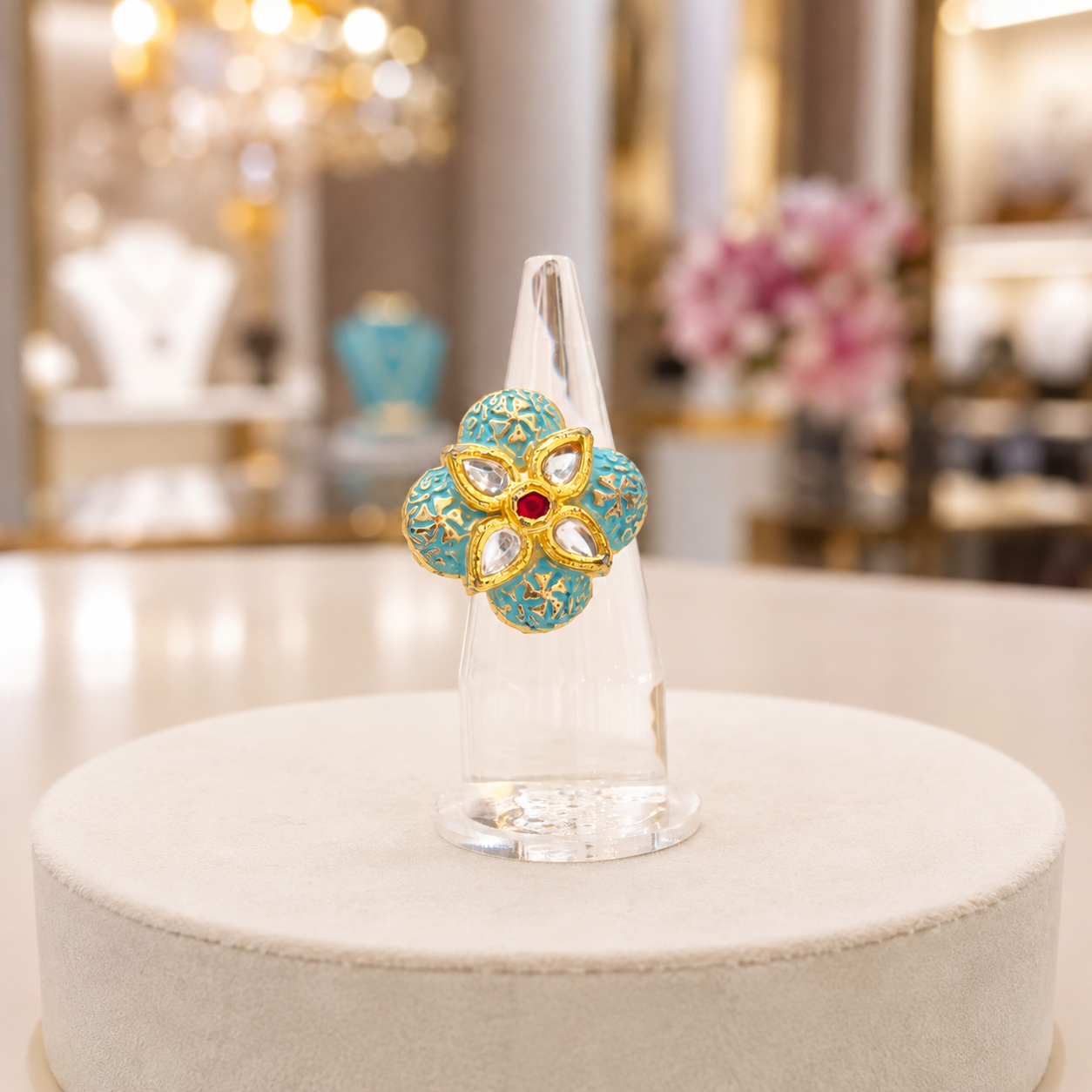 Gold-Tone Turquoise Floral Ring with White Crystal Petals