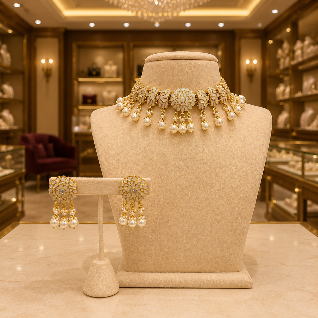 Gold- Mother of Pearl Floral style Choker and Earrings Set