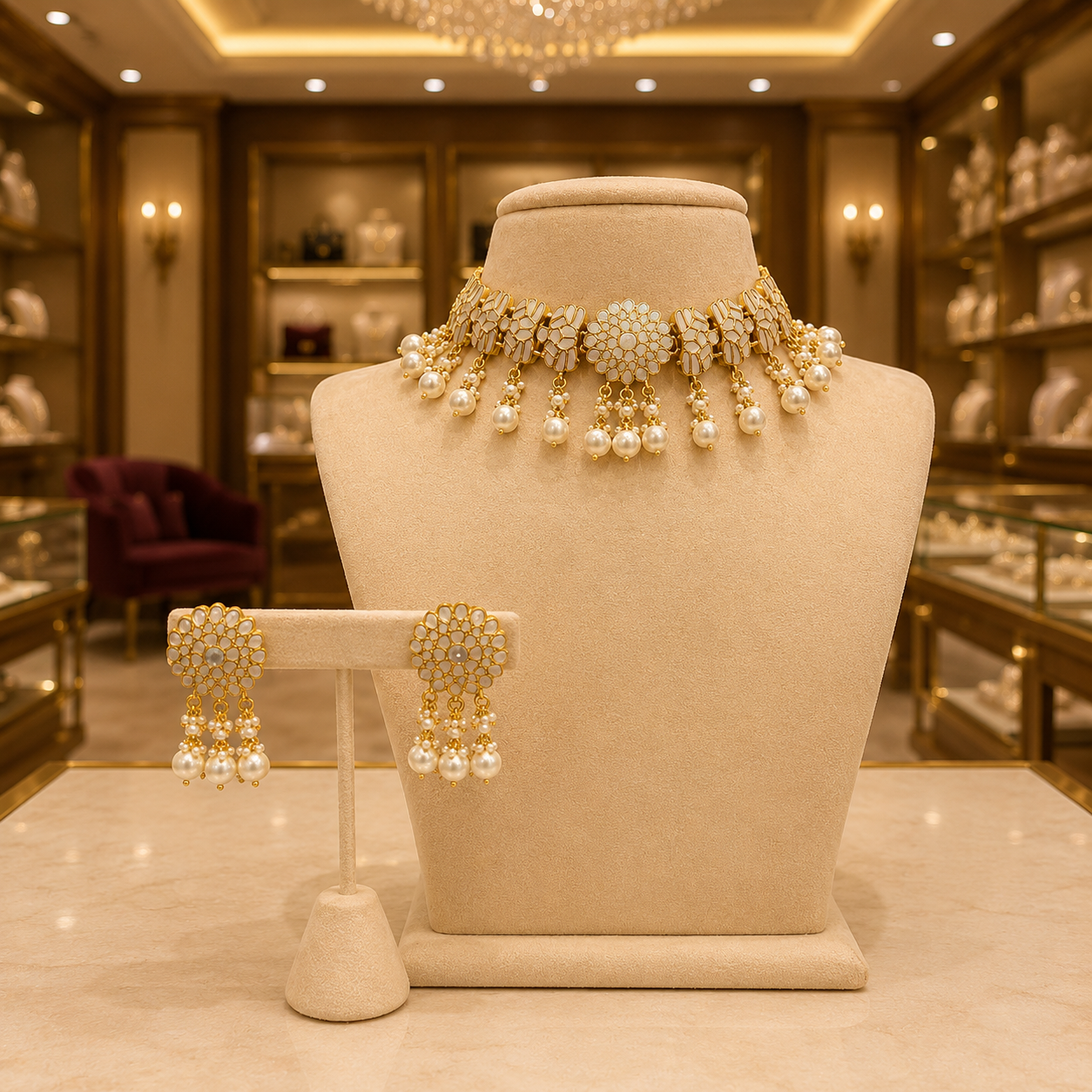 Gold- Mother of Pearl Floral style Choker and Earrings Set