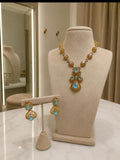 Gold Aqua Blue Stone Pendant Necklace and Earrings Set