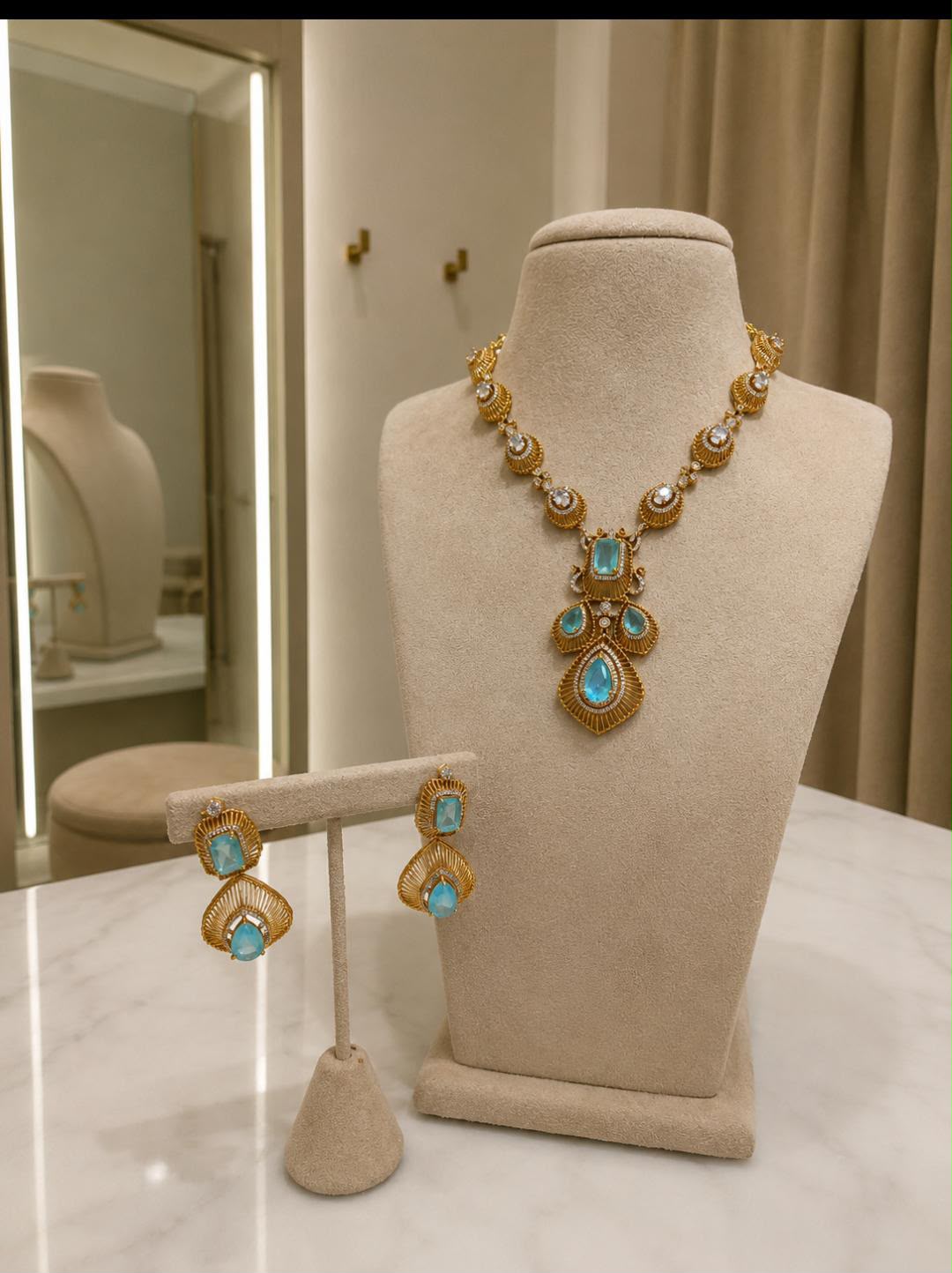 Gold Aqua Blue Stone Pendant Necklace and Earrings Set
