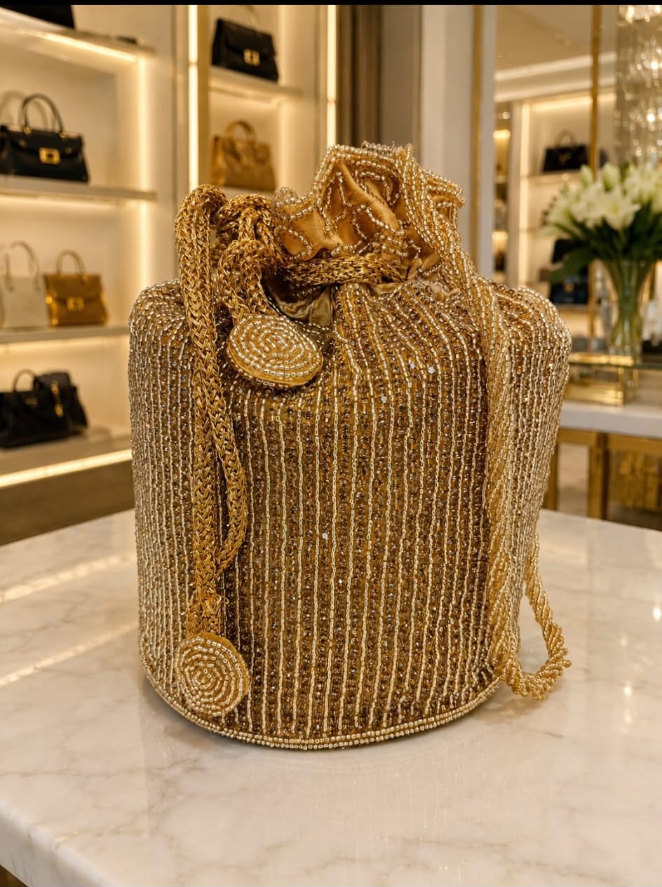 Gold Beaded Bucket Potli Bag