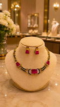 Gold Black and Ruby Pink Stone Choker Necklace and Earrings Set