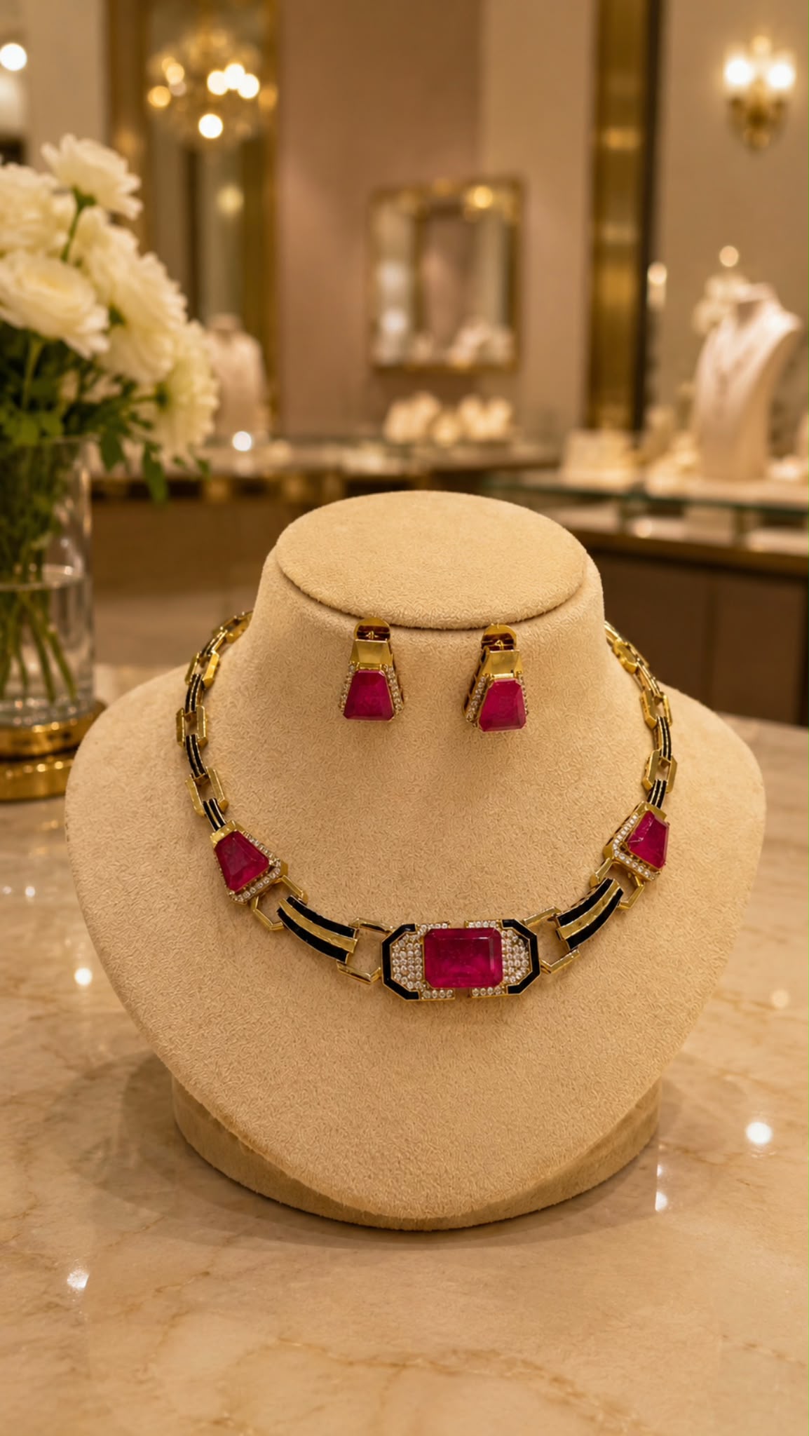 Gold Black and Ruby Pink Stone Choker Necklace and Earrings Set