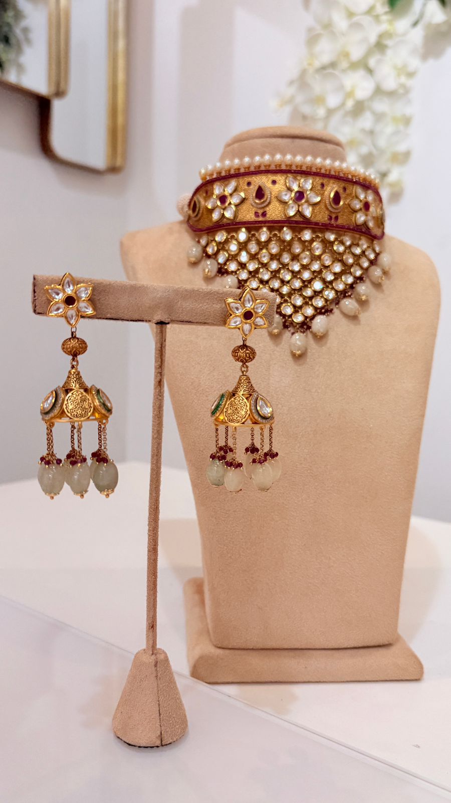 Gold Kundan Pearl Choker Set with Traditional Jhumka Earrings