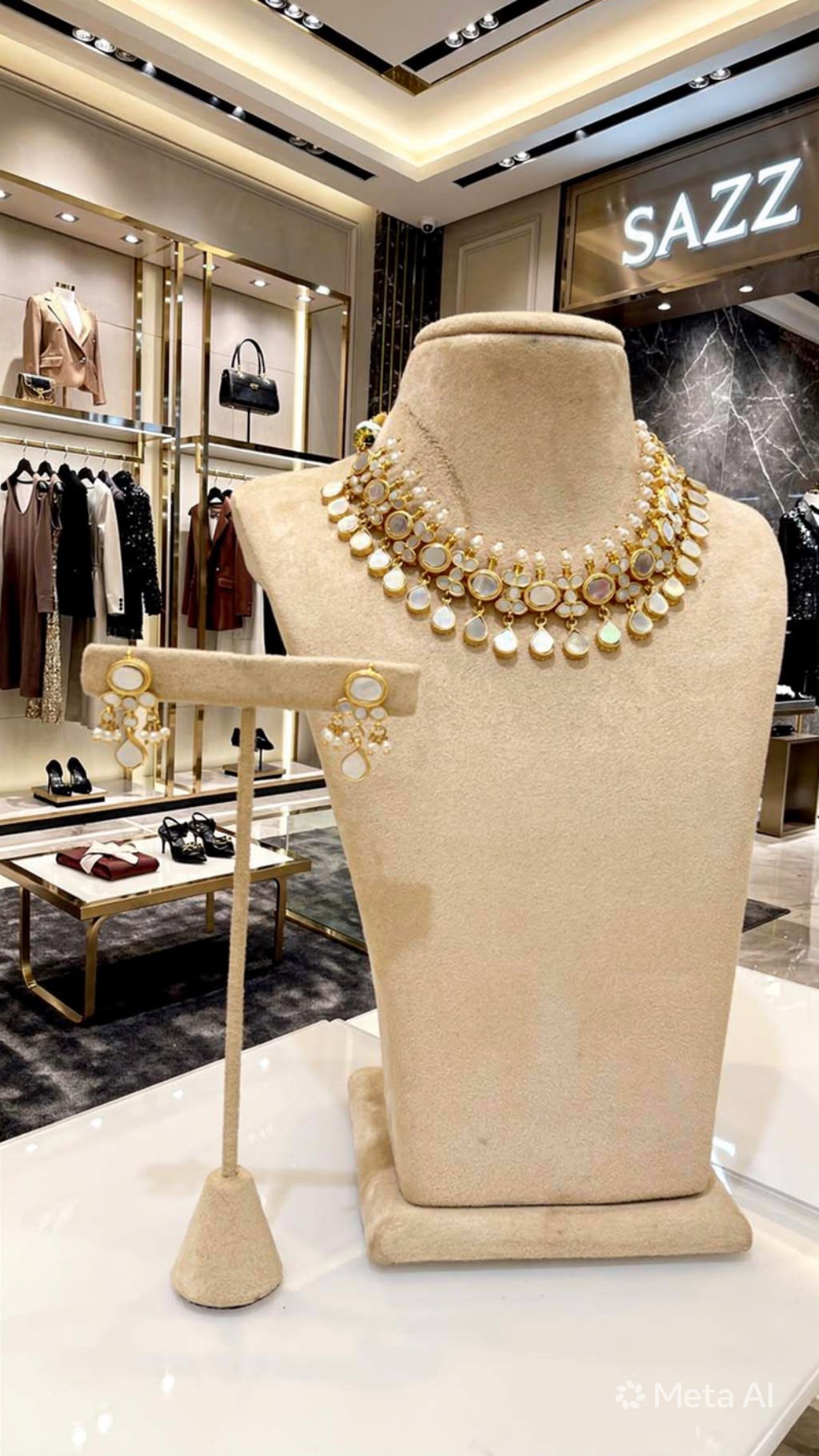 Gold Kundan Style Pearl Choker Necklace and Earrings Set