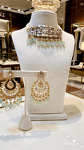Gold Mirror Choker Necklace Set with Mint Bead Drop Earrings