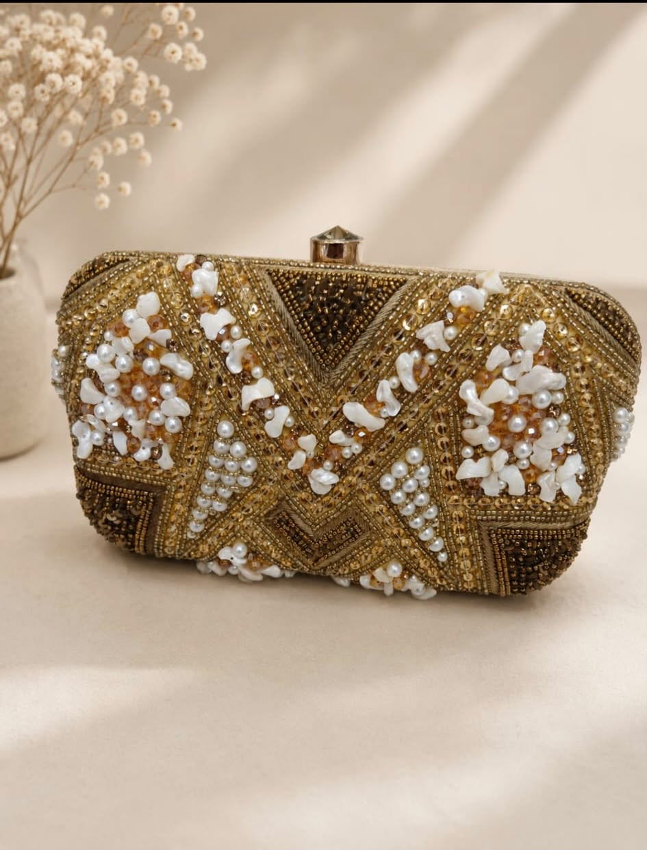 Gold Pearl Beaded Embellished Clutch Bag