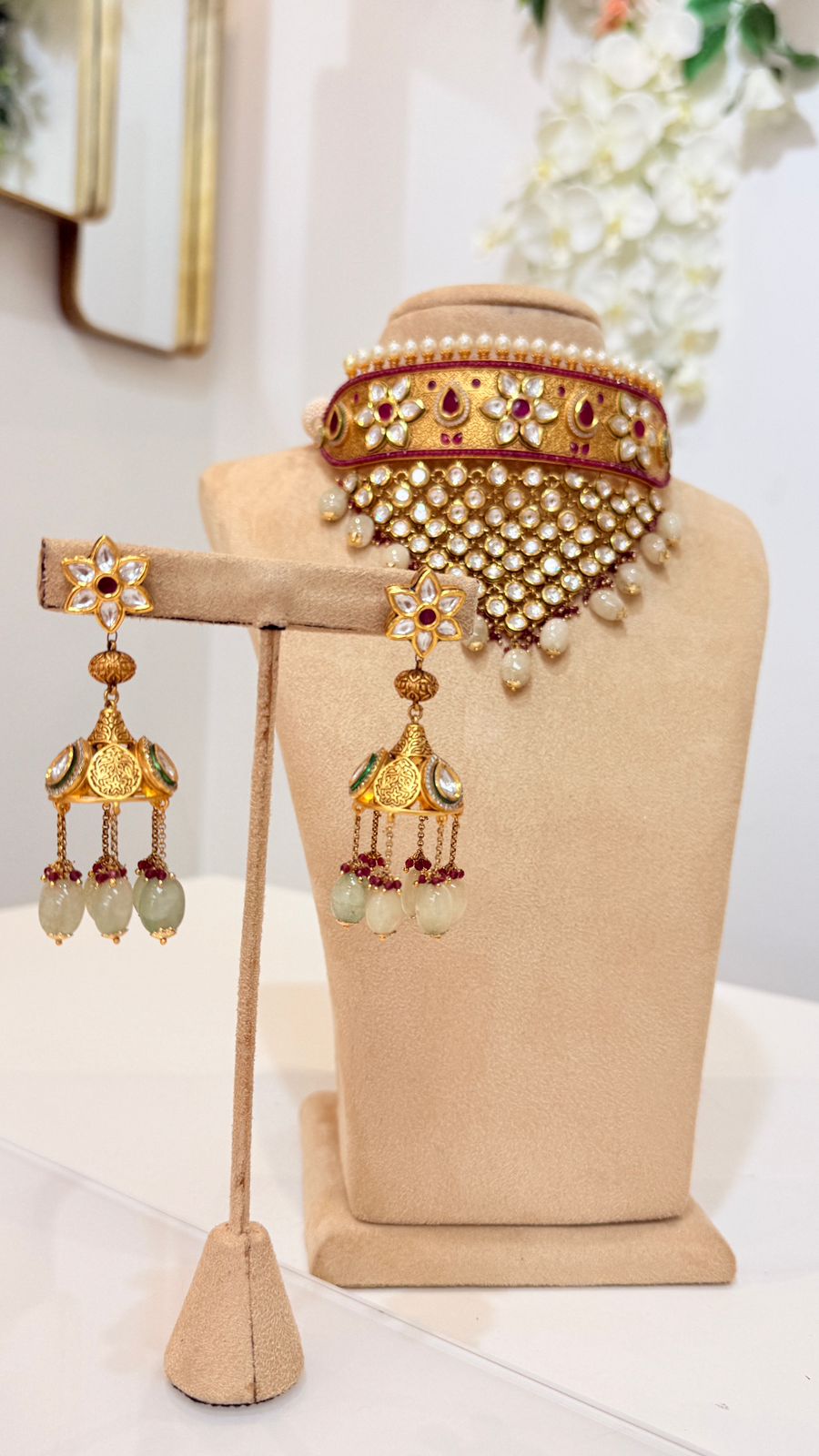 Gold Pearl Kundan Choker Set with Traditional Jhumka Earrings
