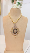 Gold Pearl Necklace with Black Stone Statement Pendant