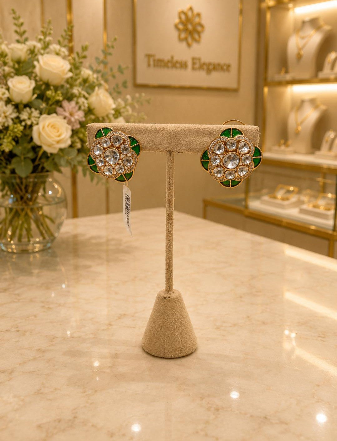 Gold Plated Green Flower Stud Earrings