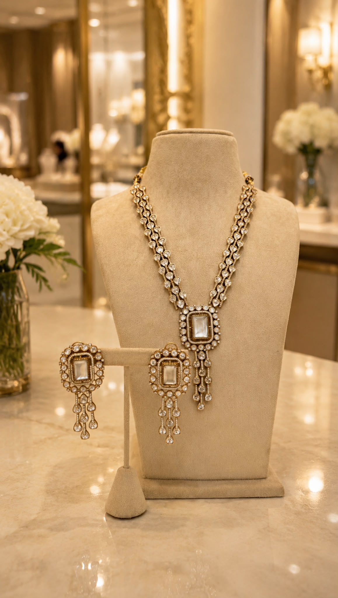 Gold Polki Style Pearl Drop Necklace and Earrings Set