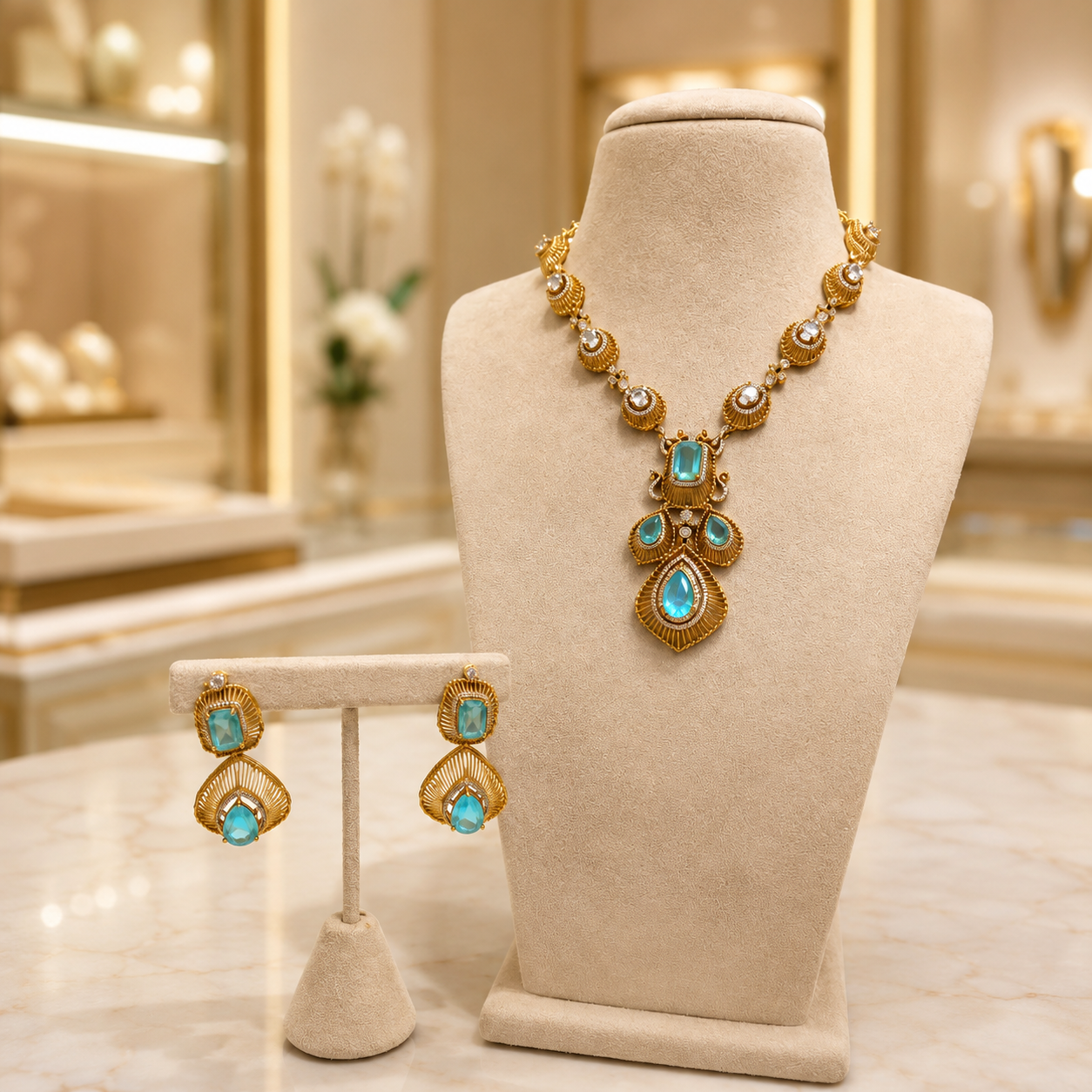 Gold Aqua Blue Stone Pendant Necklace and Earrings Set