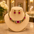 Gold Black and Ruby Pink Stone Choker Necklace and Earrings Set