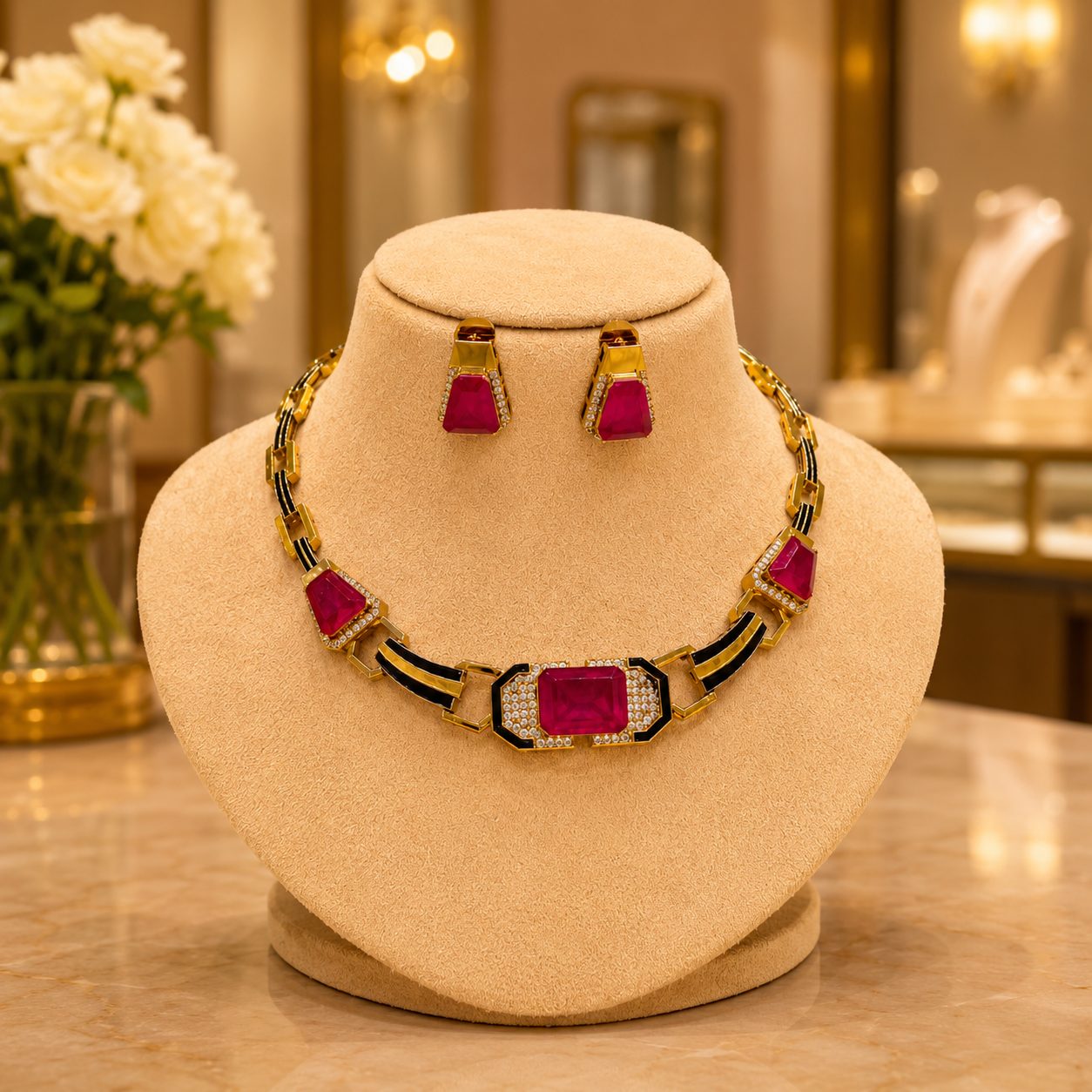 Gold Black and Ruby Pink Stone Choker Necklace and Earrings Set