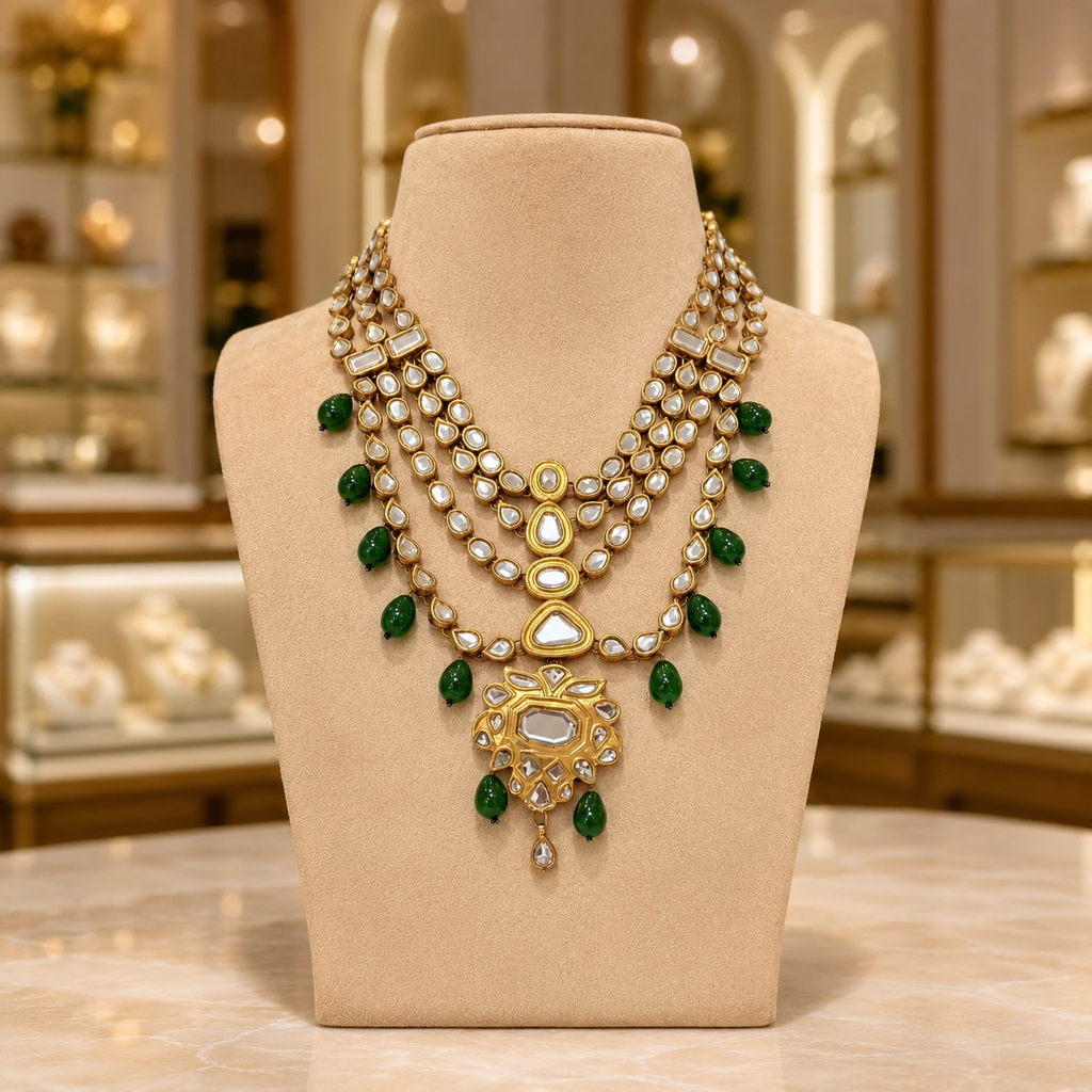 Gold Kundan Layered Necklace with Green Bead Drops