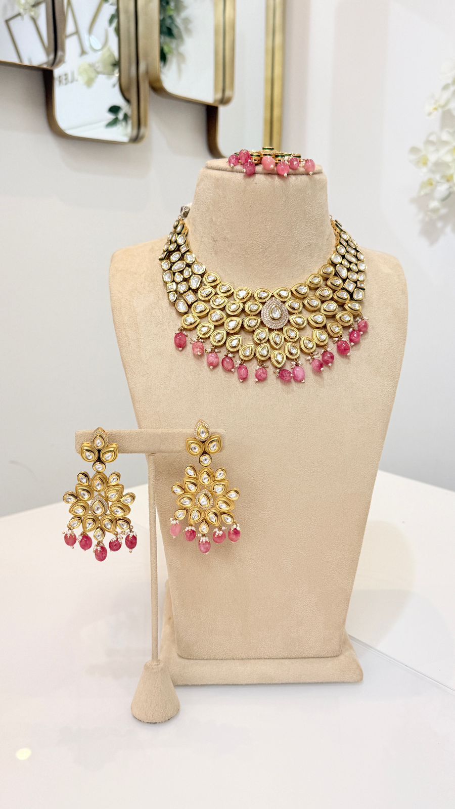 Gold Kundan Pink Drop Necklace Set