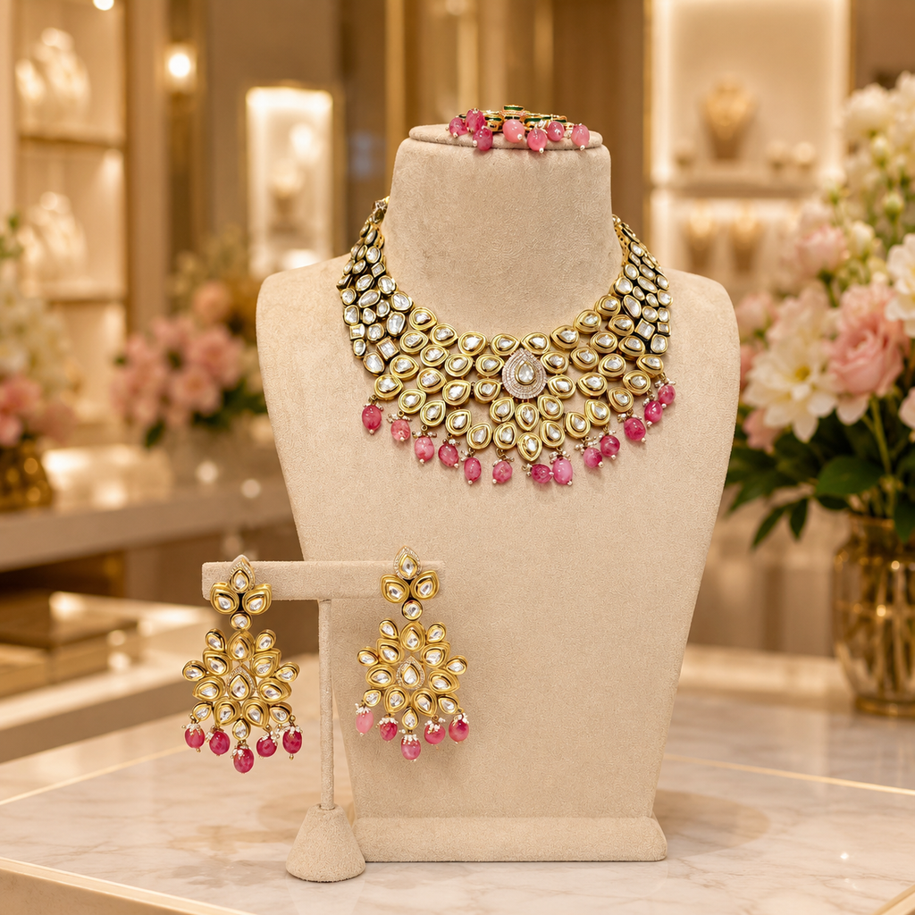 Gold Kundan Pink Drop Necklace Set