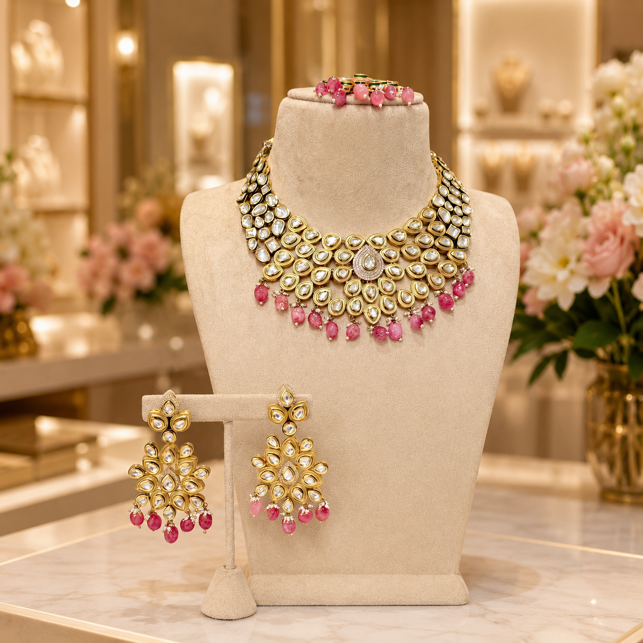 Gold Kundan Pink Drop Necklace Set