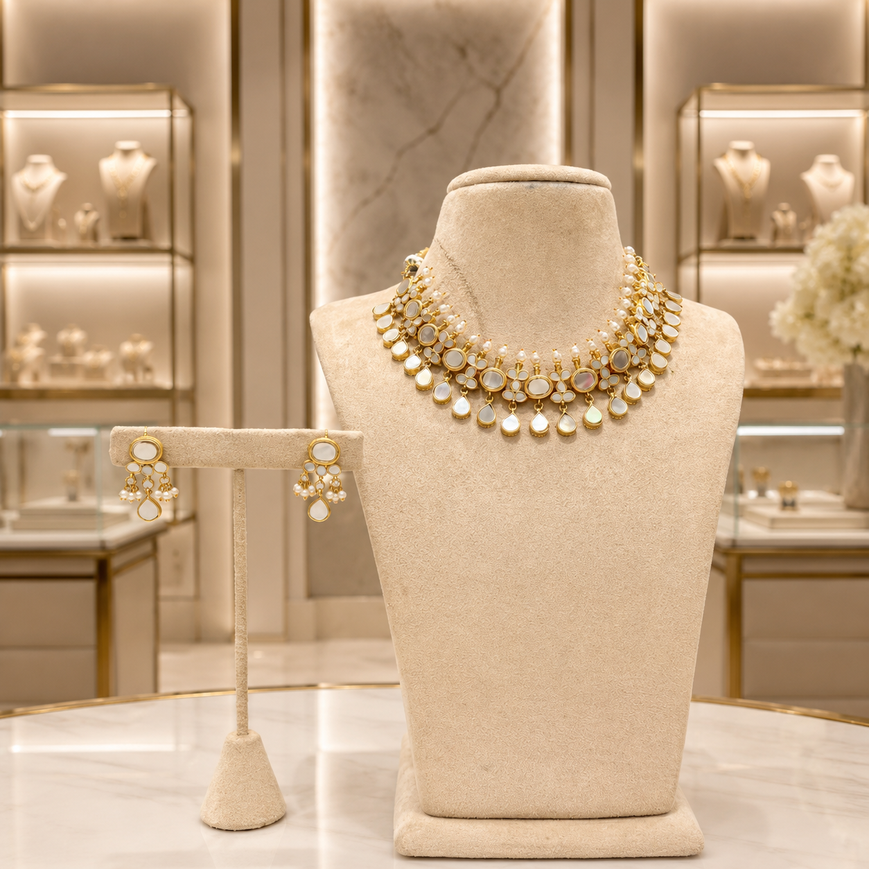 Gold Kundan Style Pearl Choker Necklace and Earrings Set