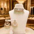 Gold Mirror Choker Necklace Set with Mint Bead Drop Earrings