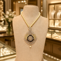Gold Pearl Necklace with Black Stone Statement Pendant