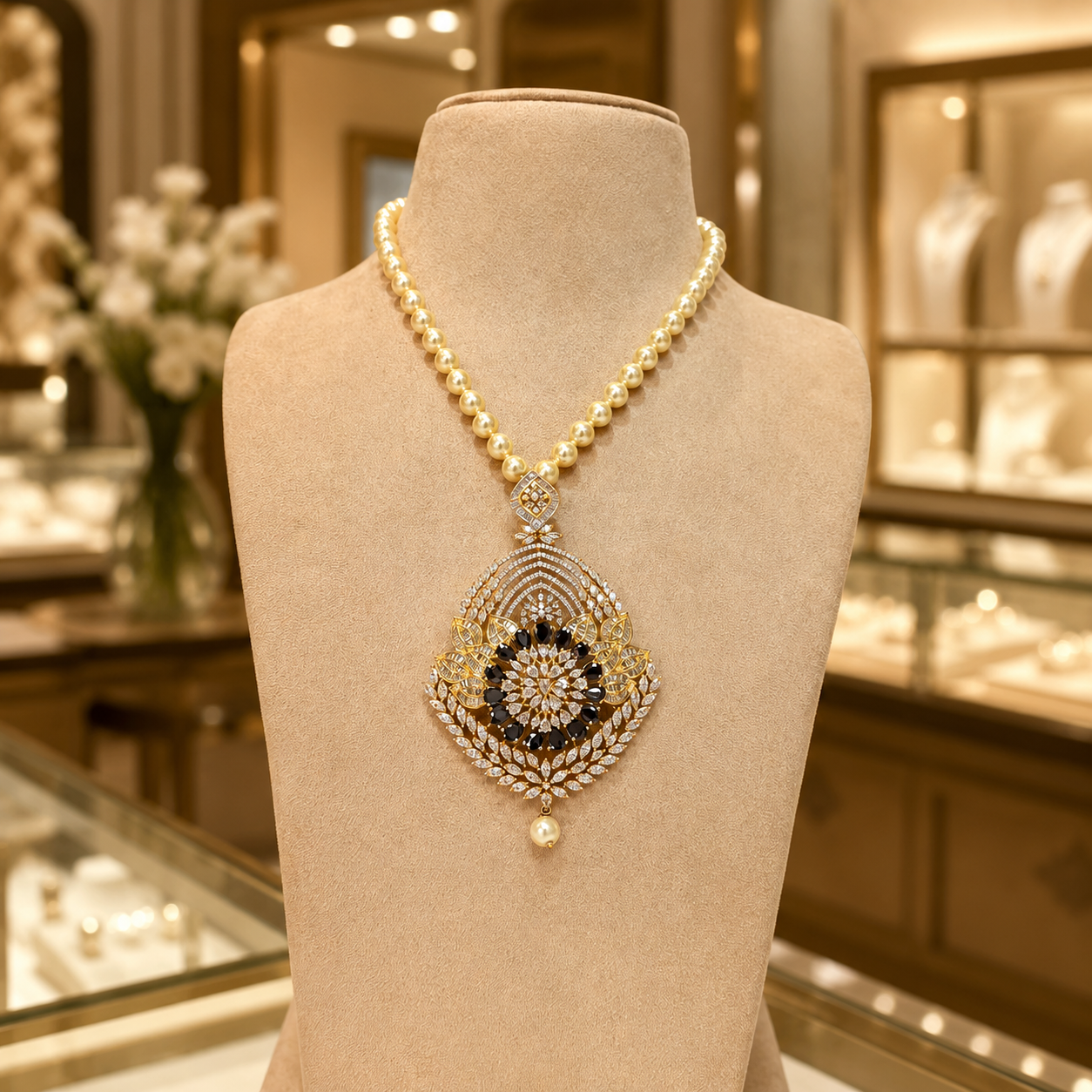 Gold Pearl Necklace with Black Stone Statement Pendant