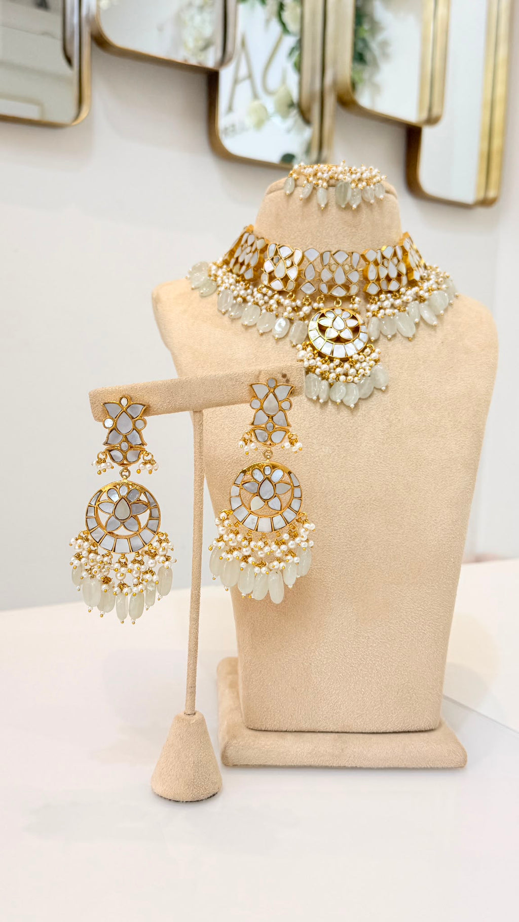 Gold-Tone Mirror Kundan Choker Set with Pearl Bead Earrings & Tikka