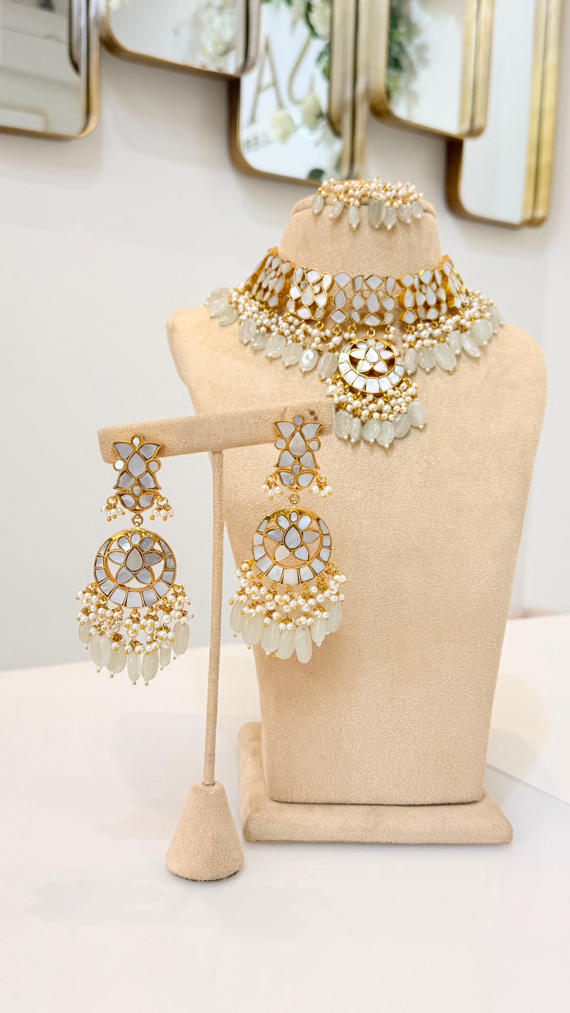 Gold-Tone Mirror Kundan Choker Set with Pearl Bead Earrings & Tikka