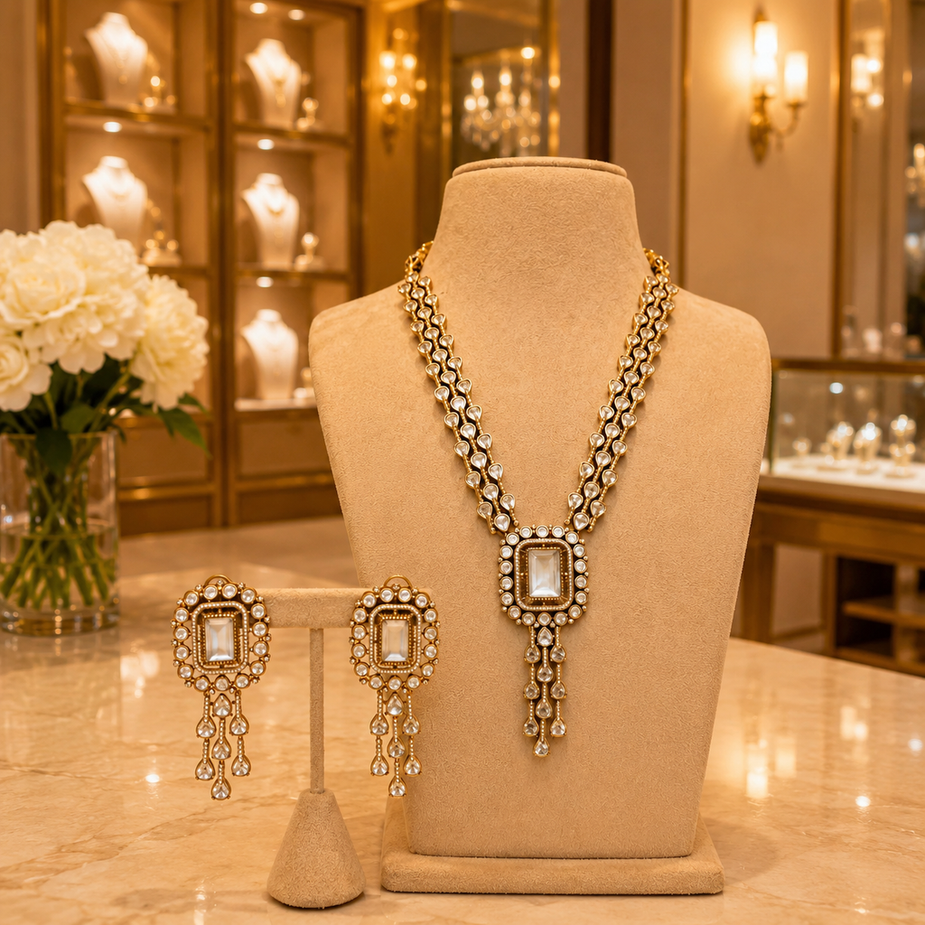 Gold and Polki Style Mother of Pearl Drop Necklace and Earrings Set