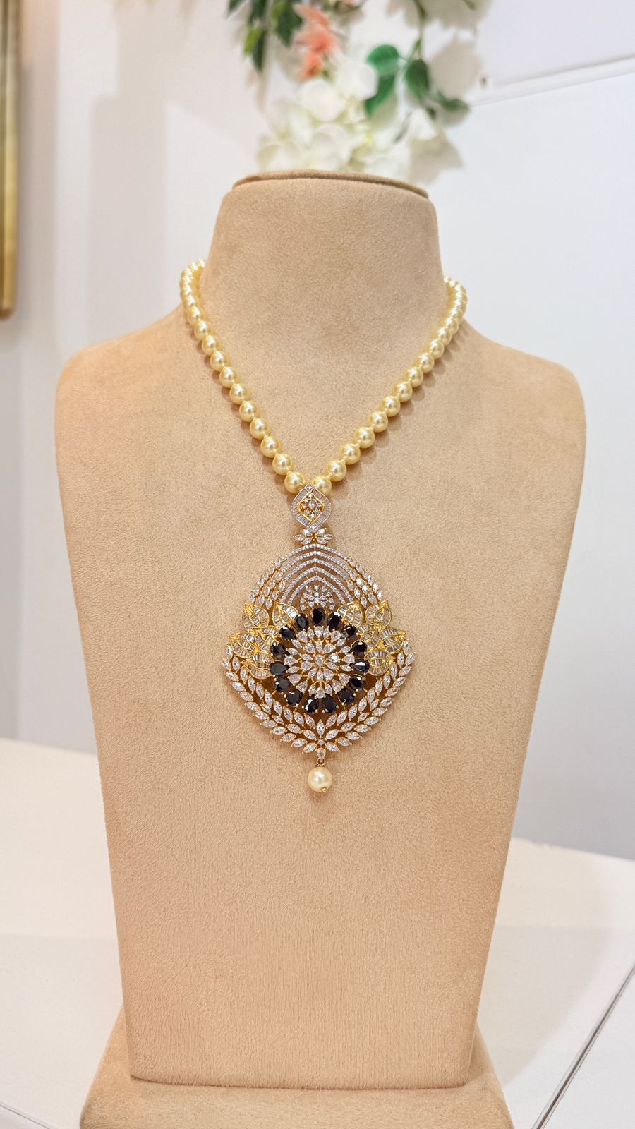 Golden Pearl Necklace with Black Floral Statement Pendant