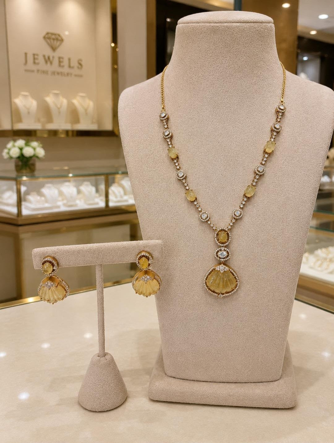 Golden Yellow Stone Pendant Necklace and Earrings Set