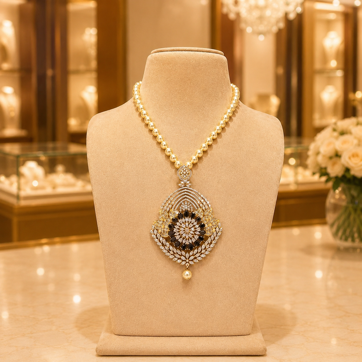 Golden Pearl Necklace with Black Floral Statement Pendant