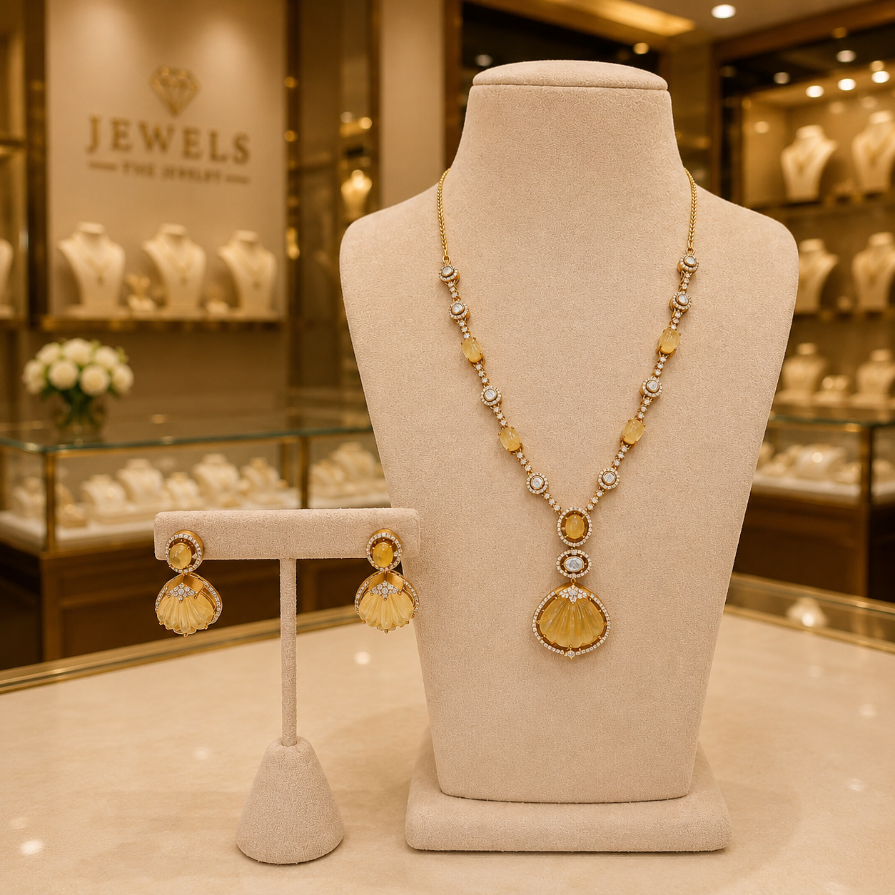 Golden Yellow Stone Pendant Necklace and Earrings Set