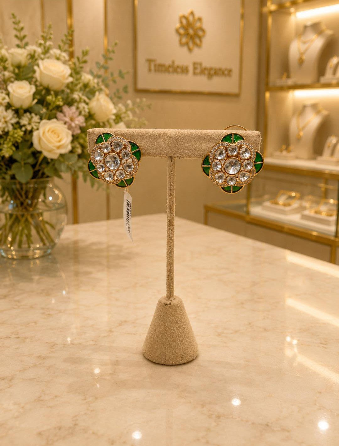 Green Floral Crystal Stud Earrings