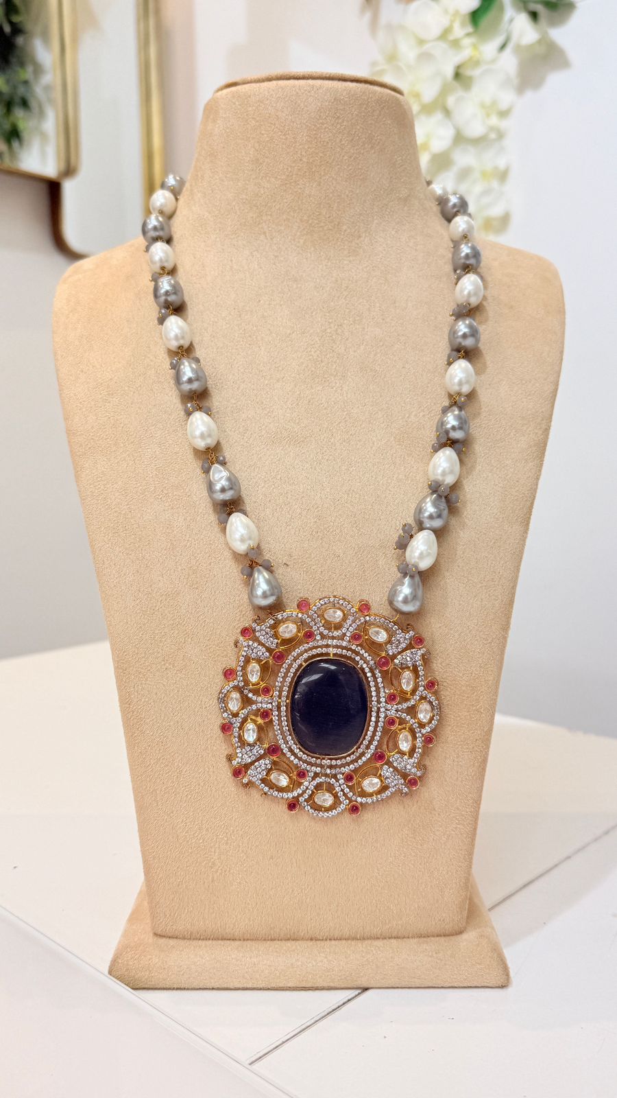Grey Pearl Necklace with Black Oval Statement Pendant