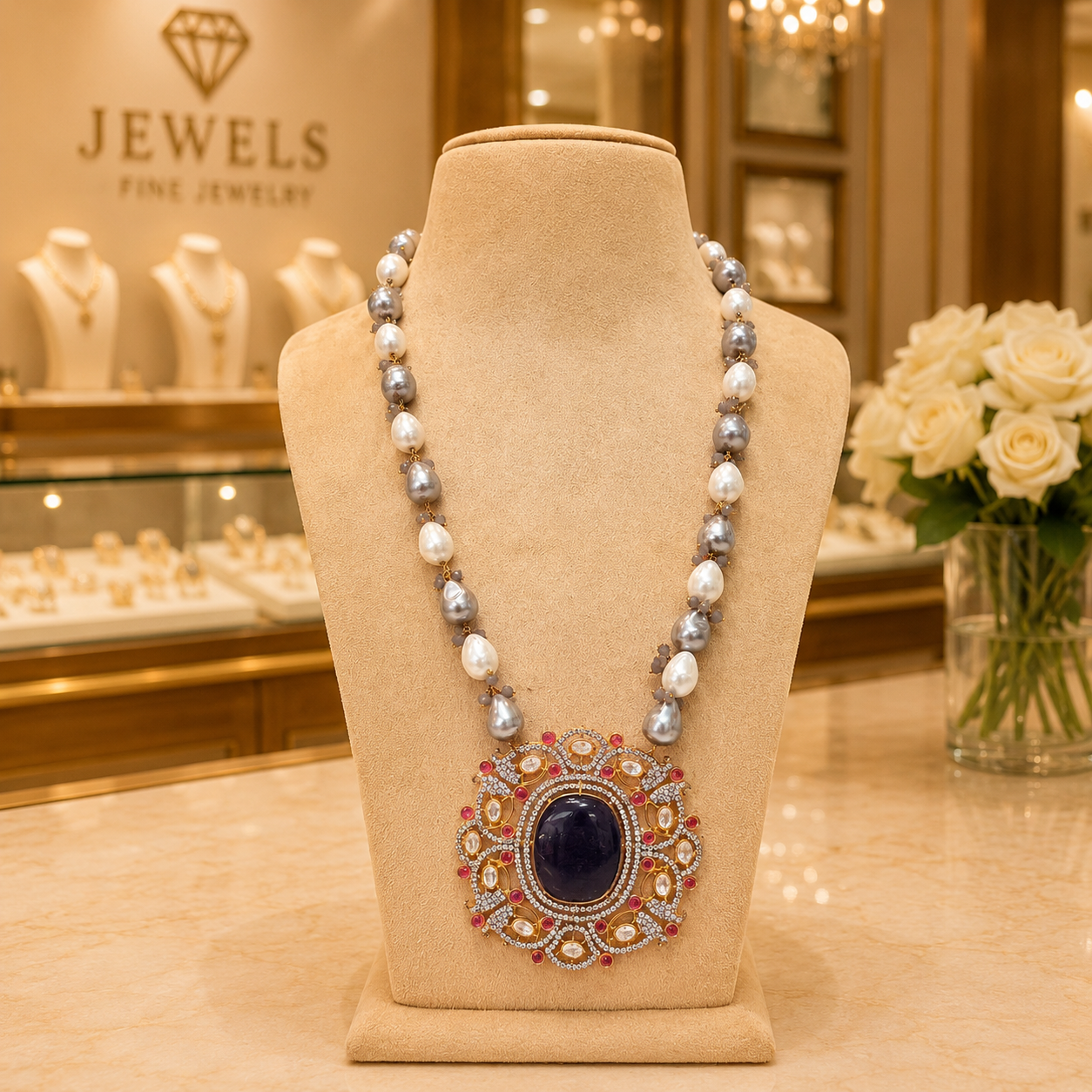 Grey Pearl Necklace with Black Oval Statement Pendant