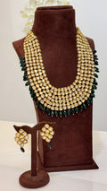 Heavy Gold Kundan Necklace Set with Green Bead Drops and Matching Earrings