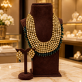 Heavy Gold Kundan Necklace Set with Green Bead Drops and Matching Earrings