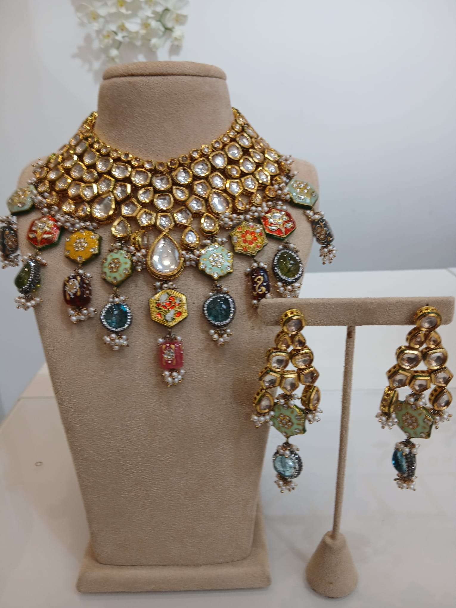 Heritage Gold Polki Choker Set with Multicolour Enamel Drops