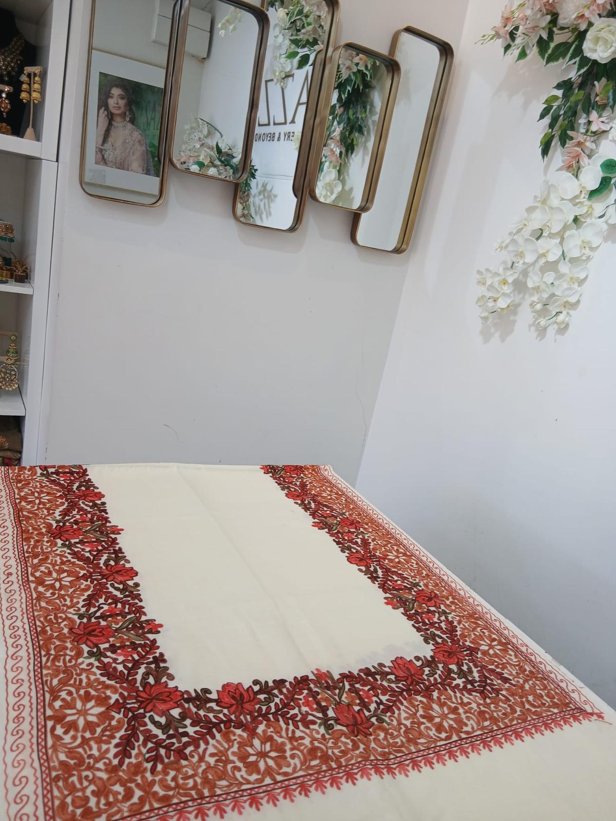 Ivory Crimson Floral Embroidered Kashmiri Shawl Wrap
