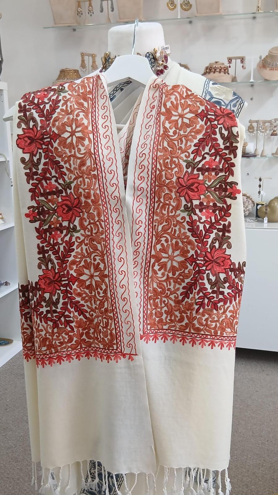 Ivory Crimson Floral Embroidered Kashmiri Shawl Wrap