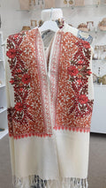 Ivory Crimson Floral Embroidered Kashmiri Shawl Wrap