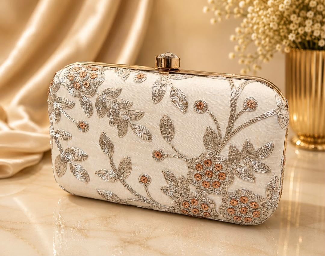 Ivory Floral Embroidered Clutch Bag