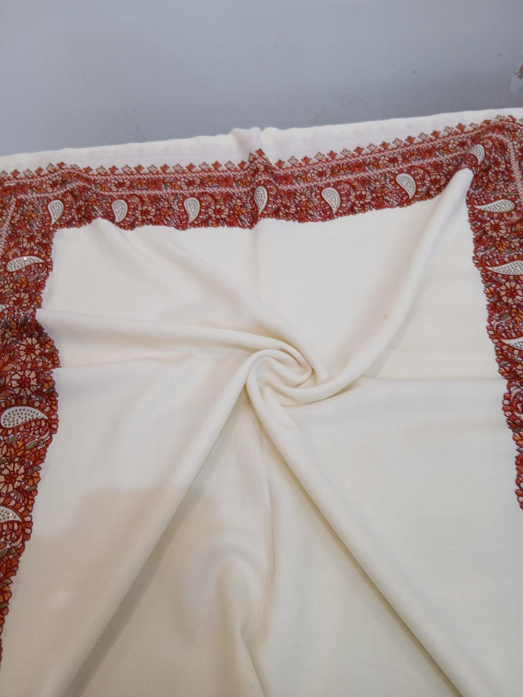 Ivory Paisley Kashmiri Embroidered Shawl