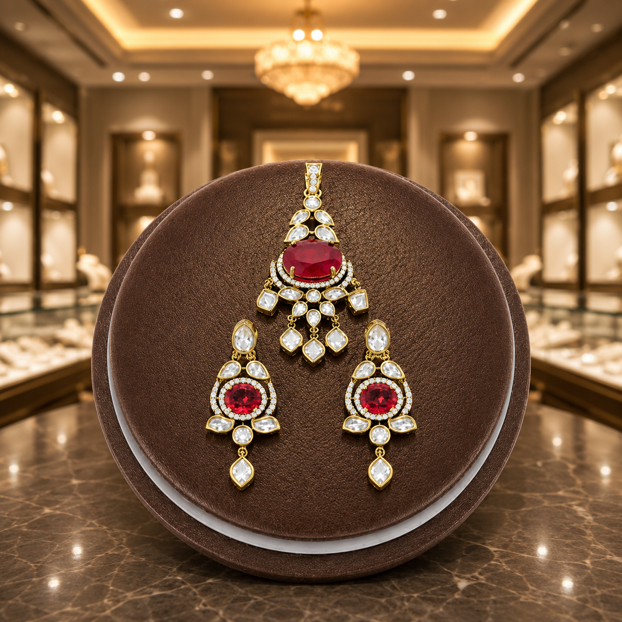 Ruby Red Kundan Pendant Set with Matching Drop Earrings