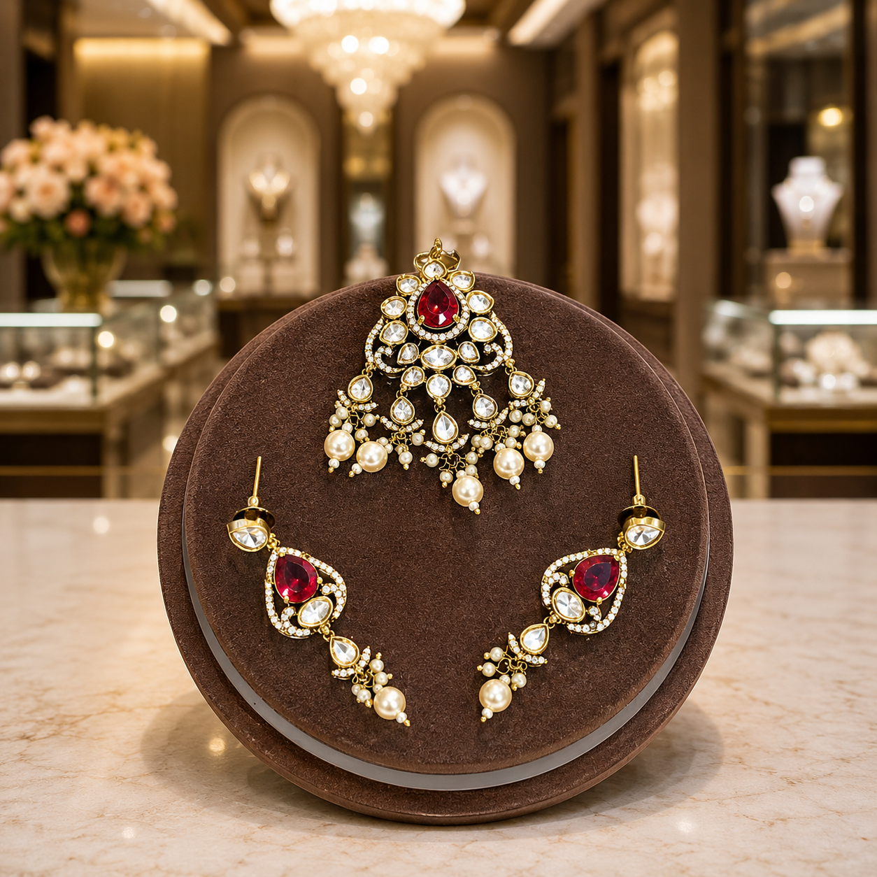 Ruby Red Kundan Pendant Set with Pearl Drop Earrings